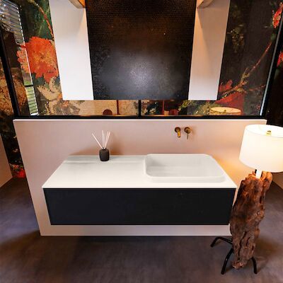 Badkamermeubelset Mondiaz Erin 120 cm met 1 Lade met RIDGE Wastafel Rechts Linen Zonder Kraangaten Greeploos Mat Urban