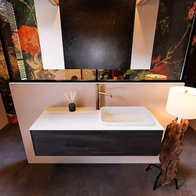 Badkamermeubelset Mondiaz Erin 120 cm met 1 Lade met RIDGE Wastafel Rechts Talc met 1 kraangat Greeploos Mat Antracite