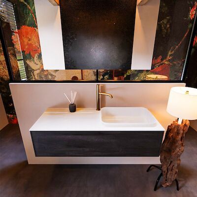 Badkamermeubelset Mondiaz Erin 120 cm met 1 Lade met RIDGE Wastafel Rechts Talc met 1 kraangat Greeploos Mat Dark Brown