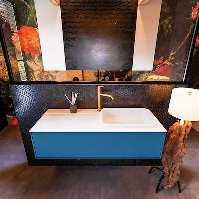 Badkamermeubelset Mondiaz Erin 120 cm met 1 Lade met RIDGE Wastafel Rechts Talc met 1 kraangat Greeploos Mat Jeans