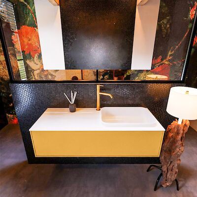 Badkamermeubelset Mondiaz Erin 120 cm met 1 Lade met RIDGE Wastafel Rechts Talc met 1 kraangat Greeploos Mat Ocher