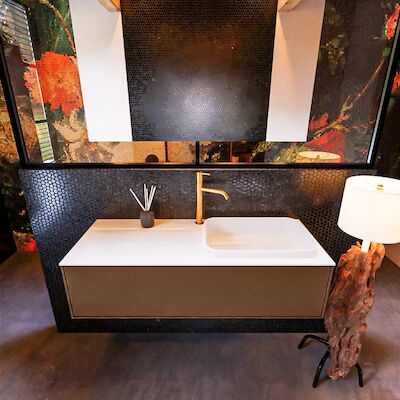 Badkamermeubelset Mondiaz Erin 120 cm met 1 Lade met RIDGE Wastafel Rechts Talc met 1 kraangat Greeploos Mat Rust