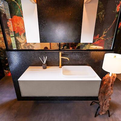 Badkamermeubelset Mondiaz Erin 120 cm met 1 Lade met RIDGE Wastafel Rechts Talc met 1 kraangat Greeploos Mat Smoke