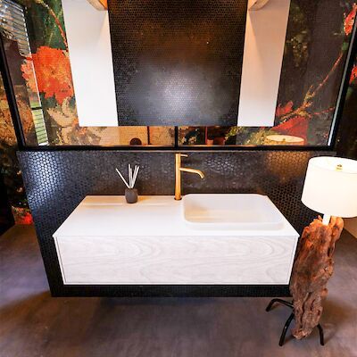 Badkamermeubelset Mondiaz Erin 120 cm met 1 Lade met RIDGE Wastafel Rechts Talc met 1 kraangat Greeploos Mat Underlayment