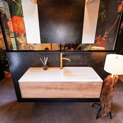 Badkamermeubelset Mondiaz Erin 120 cm met 1 Lade met RIDGE Wastafel Rechts Talc met 1 kraangat Greeploos Mat Washed Oak