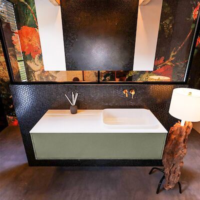 Badkamermeubelset Mondiaz Erin 120 cm met 1 Lade met RIDGE Wastafel Rechts Talc Zonder Kraangaten Greeploos Mat Army