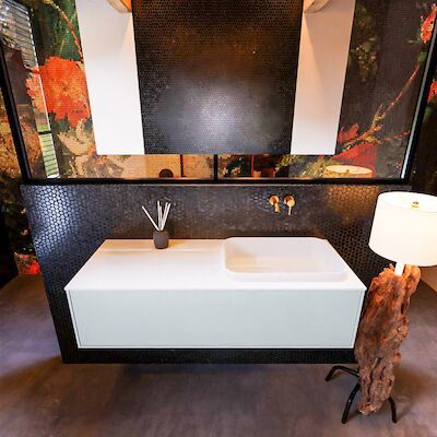 Badkamermeubelset Mondiaz Erin 120 cm met 1 Lade met RIDGE Wastafel Rechts Talc Zonder Kraangaten Greeploos Mat Clay