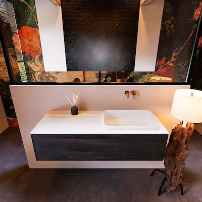 Badkamermeubelset Mondiaz Erin 120 cm met 1 Lade met RIDGE Wastafel Rechts Talc Zonder Kraangaten Greeploos Mat Dark Brown