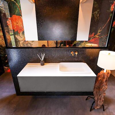 Badkamermeubelset Mondiaz Erin 120 cm met 1 Lade met RIDGE Wastafel Rechts Talc Zonder Kraangaten Greeploos Mat Dark Grey