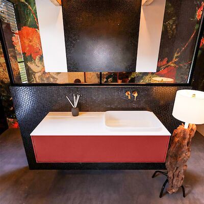Badkamermeubelset Mondiaz Erin 120 cm met 1 Lade met RIDGE Wastafel Rechts Talc Zonder Kraangaten Greeploos Mat Fire
