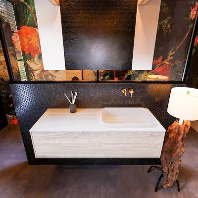 Badkamermeubelset Mondiaz Erin 120 cm met 1 Lade met RIDGE Wastafel Rechts Talc Zonder Kraangaten Greeploos Mat Light Brown Grey