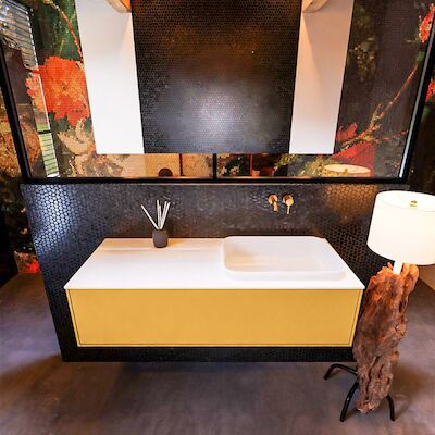 Badkamermeubelset Mondiaz Erin 120 cm met 1 Lade met RIDGE Wastafel Rechts Talc Zonder Kraangaten Greeploos Mat Ocher