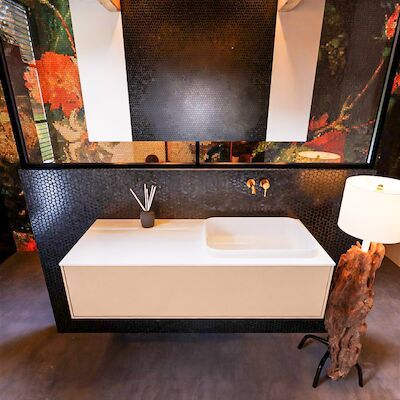 Badkamermeubelset Mondiaz Erin 120 cm met 1 Lade met RIDGE Wastafel Rechts Talc Zonder Kraangaten Greeploos Mat Rosee