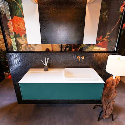 Badkamermeubelset Mondiaz Erin 120 cm met 1 Lade met RIDGE Wastafel Rechts Talc Zonder Kraangaten Greeploos Mat Smag