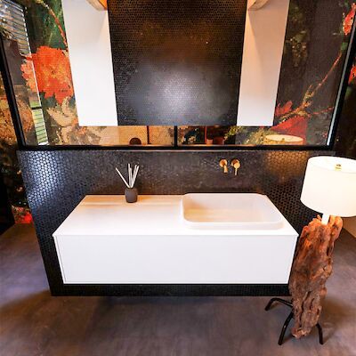 Badkamermeubelset Mondiaz Erin 120 cm met 1 Lade met RIDGE Wastafel Rechts Talc Zonder Kraangaten Greeploos Mat Talc