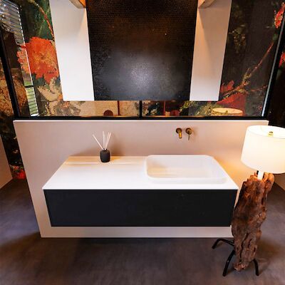 Badkamermeubelset Mondiaz Erin 120 cm met 1 Lade met RIDGE Wastafel Rechts Talc Zonder Kraangaten Greeploos Mat Urban