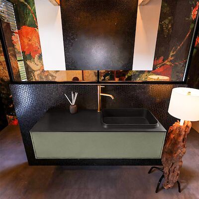 Badkamermeubelset Mondiaz Erin 120 cm met 1 Lade met RIDGE Wastafel Rechts Urban met 1 kraangat Greeploos Mat Army