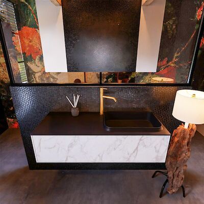 Badkamermeubelset Mondiaz Erin 120 cm met 1 Lade met RIDGE Wastafel Rechts Urban met 1 kraangat Greeploos Mat Carrara