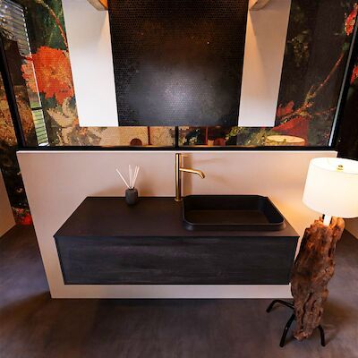 Badkamermeubelset Mondiaz Erin 120 cm met 1 Lade met RIDGE Wastafel Rechts Urban met 1 kraangat Greeploos Mat Dark Brown