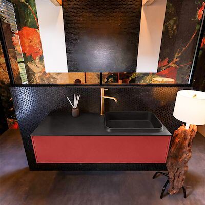 Badkamermeubelset Mondiaz Erin 120 cm met 1 Lade met RIDGE Wastafel Rechts Urban met 1 kraangat Greeploos Mat Fire