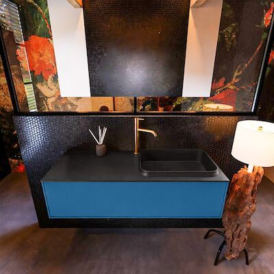 Badkamermeubelset Mondiaz Erin 120 cm met 1 Lade met RIDGE Wastafel Rechts Urban met 1 kraangat Greeploos Mat Jeans