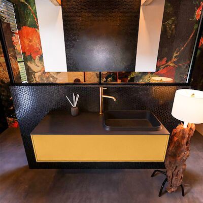 Badkamermeubelset Mondiaz Erin 120 cm met 1 Lade met RIDGE Wastafel Rechts Urban met 1 kraangat Greeploos Mat Ocher