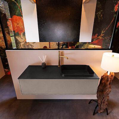 Badkamermeubelset Mondiaz Erin 120 cm met 1 Lade met RIDGE Wastafel Rechts Urban met 1 kraangat Greeploos Mat Smoke