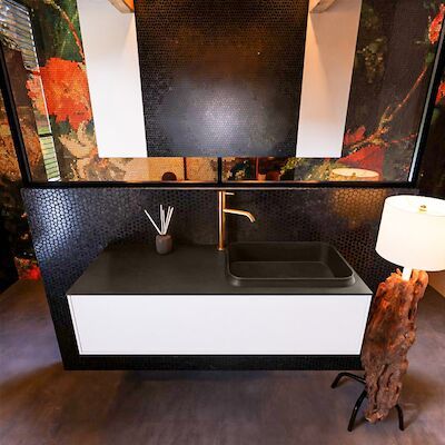 Badkamermeubelset Mondiaz Erin 120 cm met 1 Lade met RIDGE Wastafel Rechts Urban met 1 kraangat Greeploos Mat Talc