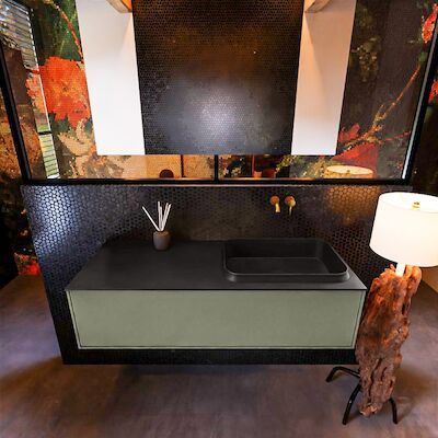 Badkamermeubelset Mondiaz Erin 120 cm met 1 Lade met RIDGE Wastafel Rechts Urban Zonder Kraangaten Greeploos Mat Army