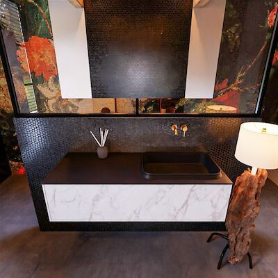 Badkamermeubelset Mondiaz Erin 120 cm met 1 Lade met RIDGE Wastafel Rechts Urban Zonder Kraangaten Greeploos Mat Carrara
