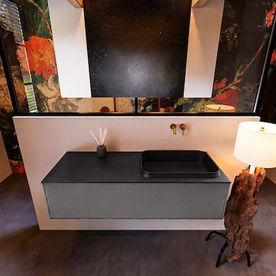 Badkamermeubelset Mondiaz Erin 120 cm met 1 Lade met RIDGE Wastafel Rechts Urban Zonder Kraangaten Greeploos Mat Dark Grey