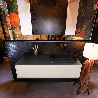 Badkamermeubelset Mondiaz Erin 120 cm met 1 Lade met RIDGE Wastafel Rechts Urban Zonder Kraangaten Greeploos Mat Linen