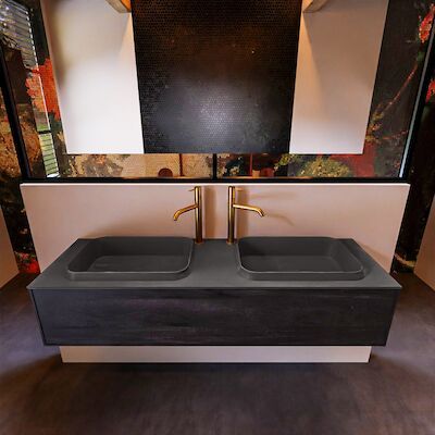 Badkamermeubelset Mondiaz Erin 150 cm met 1 Lade met RIDGE Wastafel Dubbel Dark grey met 2 kraangaten Greeploos Mat Antracite