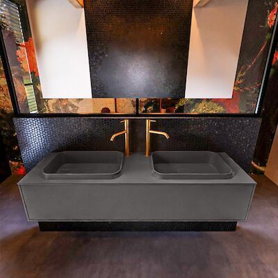Badkamermeubelset Mondiaz Erin 150 cm met 1 Lade met RIDGE Wastafel Dubbel Dark grey met 2 kraangaten Greeploos Mat Dark Grey