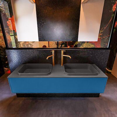 Badkamermeubelset Mondiaz Erin 150 cm met 1 Lade met RIDGE Wastafel Dubbel Dark grey met 2 kraangaten Greeploos Mat Jeans