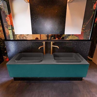 Badkamermeubelset Mondiaz Erin 150 cm met 1 Lade met RIDGE Wastafel Dubbel Dark grey met 2 kraangaten Greeploos Mat Smag