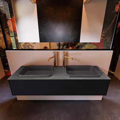 Badkamermeubelset Mondiaz Erin 150 cm met 1 Lade met RIDGE Wastafel Dubbel Dark grey met 2 kraangaten Greeploos Mat Urban