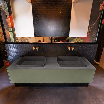 Badkamermeubelset Mondiaz Erin 150 cm met 1 Lade met RIDGE Wastafel Dubbel Dark grey Zonder Kraangaten Greeploos Mat Army