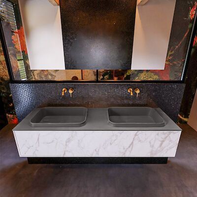 Badkamermeubelset Mondiaz Erin 150 cm met 1 Lade met RIDGE Wastafel Dubbel Dark grey Zonder Kraangaten Greeploos Mat Carrara