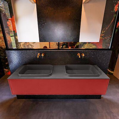 Badkamermeubelset Mondiaz Erin 150 cm met 1 Lade met RIDGE Wastafel Dubbel Dark grey Zonder Kraangaten Greeploos Mat Fire