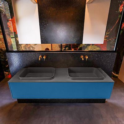 Badkamermeubelset Mondiaz Erin 150 cm met 1 Lade met RIDGE Wastafel Dubbel Dark grey Zonder Kraangaten Greeploos Mat Jeans