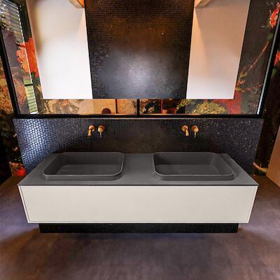 Badkamermeubelset Mondiaz Erin 150 cm met 1 Lade met RIDGE Wastafel Dubbel Dark grey Zonder Kraangaten Greeploos Mat Linen