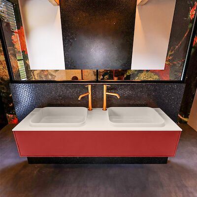 Badkamermeubelset Mondiaz Erin 150 cm met 1 Lade met RIDGE Wastafel Dubbel Linen met 2 kraangaten Greeploos Mat Fire