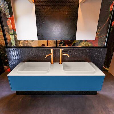 Badkamermeubelset Mondiaz Erin 150 cm met 1 Lade met RIDGE Wastafel Dubbel Linen met 2 kraangaten Greeploos Mat Jeans