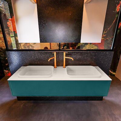 Badkamermeubelset Mondiaz Erin 150 cm met 1 Lade met RIDGE Wastafel Dubbel Linen met 2 kraangaten Greeploos Mat Smag