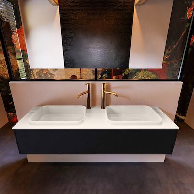 Badkamermeubelset Mondiaz Erin 150 cm met 1 Lade met RIDGE Wastafel Dubbel Linen met 2 kraangaten Greeploos Mat Urban