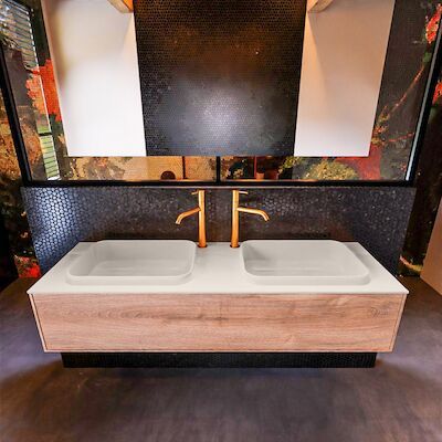 Badkamermeubelset Mondiaz Erin 150 cm met 1 Lade met RIDGE Wastafel Dubbel Linen met 2 kraangaten Greeploos Mat Washed Oak