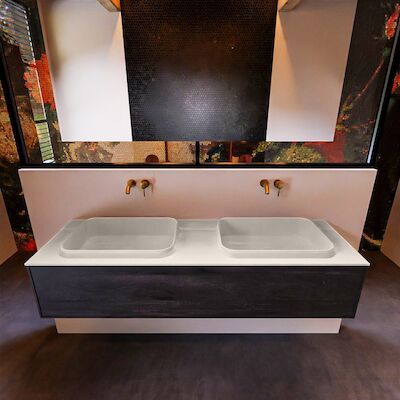 Badkamermeubelset Mondiaz Erin 150 cm met 1 Lade met RIDGE Wastafel Dubbel Linen Zonder Kraangaten Greeploos Mat Antracite