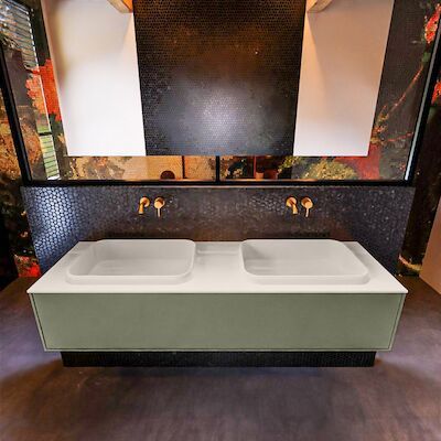 Badkamermeubelset Mondiaz Erin 150 cm met 1 Lade met RIDGE Wastafel Dubbel Linen Zonder Kraangaten Greeploos Mat Army