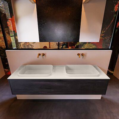 Badkamermeubelset Mondiaz Erin 150 cm met 1 Lade met RIDGE Wastafel Dubbel Linen Zonder Kraangaten Greeploos Mat Dark Brown